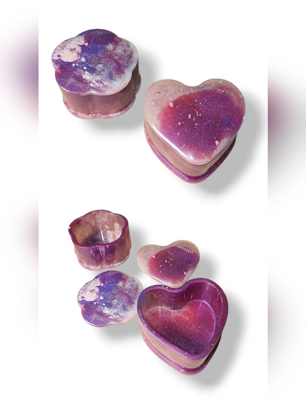 Handmade Trinket Box Set Flower & Heart Marbled Purple Pink
